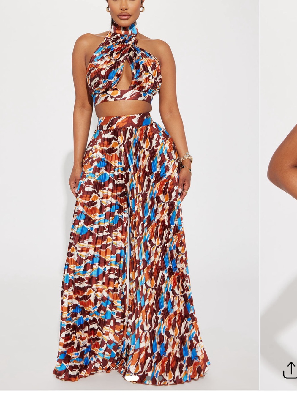 Fashion Nova Brown Blue Multi Pleated Wide Leg two piece set